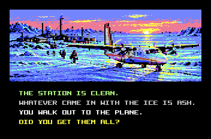 An ending: the relief plane on the ice at dawn, with THE STATION IS CLEAN underneath.