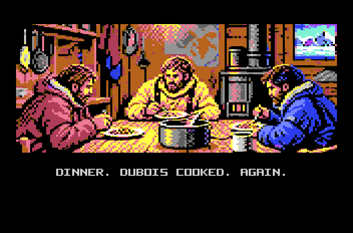 An intro scene: three crew eating at the galley table, captioned DINNER. DUBOIS COOKED. AGAIN.