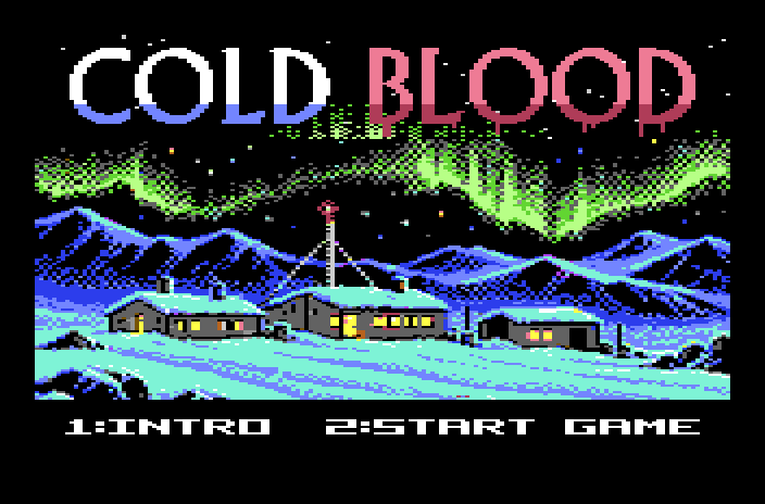 The C64 loading screen: the COLD BLOOD logo over the station at night, with 1:INTRO 2:START GAME underneath.