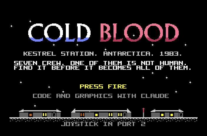 The title screen: COLD BLOOD, the brief and PRESS FIRE above a row of huts on the ice.