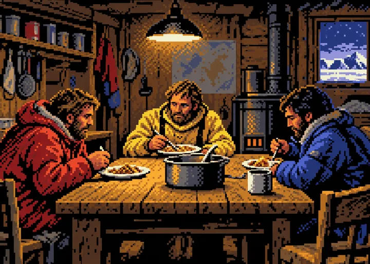 Three crew at dinner in the galley.