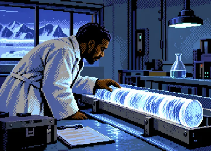 Okafor bent over the ice core samples in the lab.