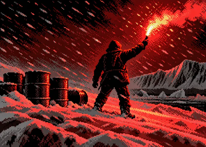 Halversen holding up a flare by the fuel drums in a storm.