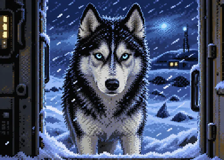A husky staring out of the dark, the station behind it.